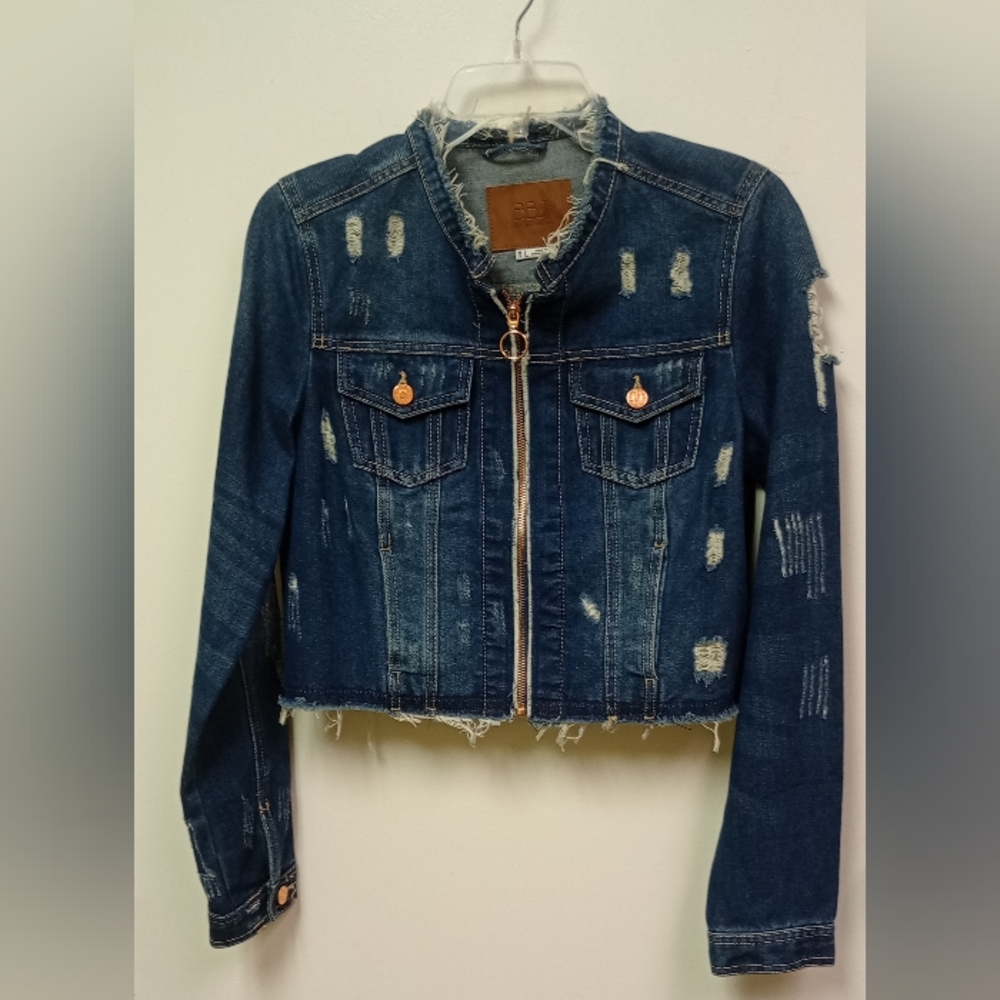 BBJ Los Angeles Women's Denim Jacket Cropped Large Cropped Rose Gold Zipper NWOT
